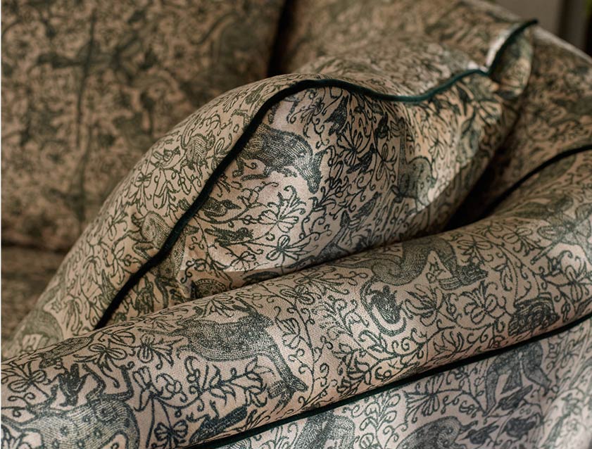 Helmsley Snuggler in V&A Threads of India Opulent Velvets Forest Creatures Hunter fabric detail